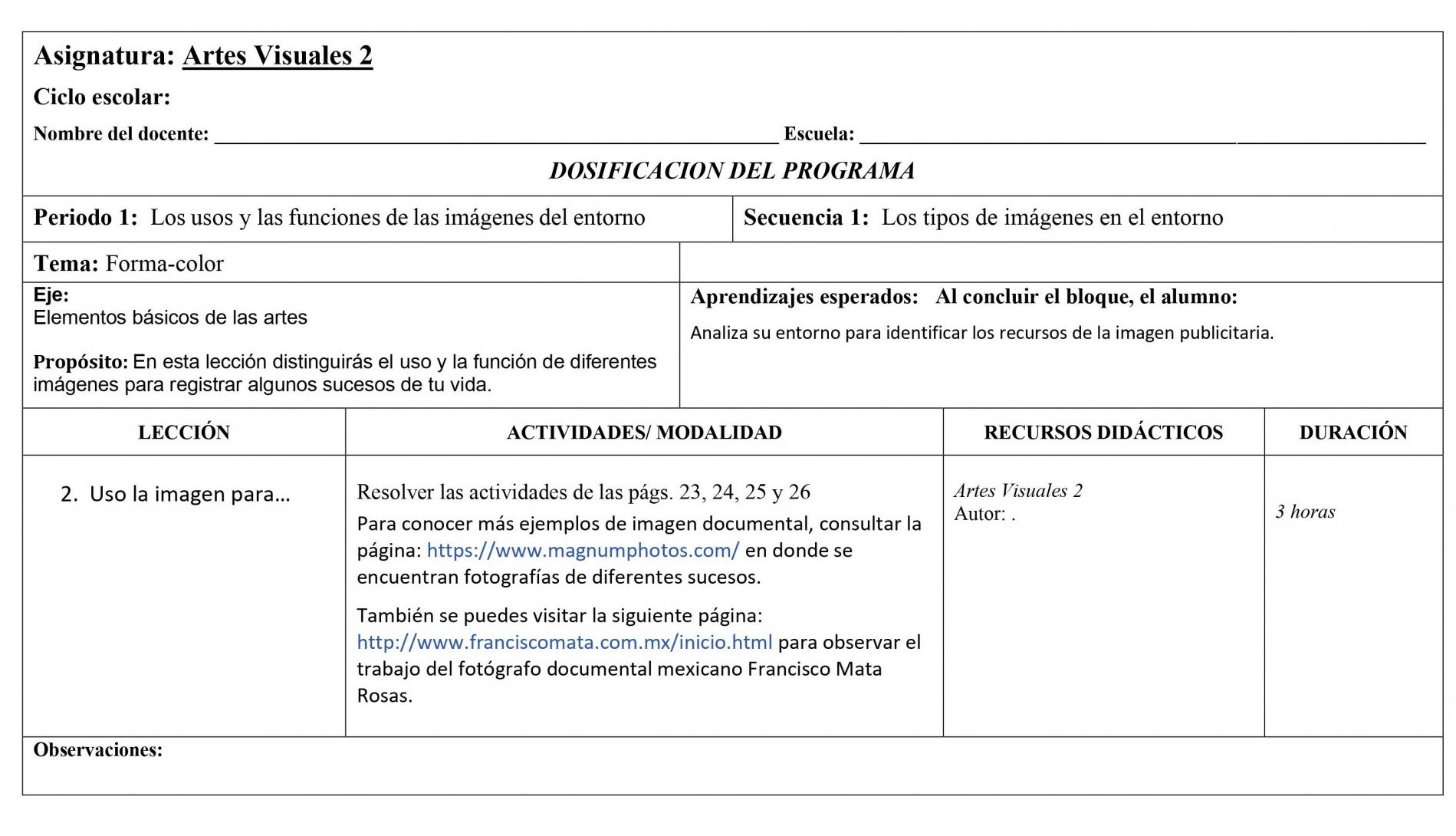 Dosificación Artes Visuales 2 Secundaria (Nuevo Modelo Educativo) 1er. Trimestre 02