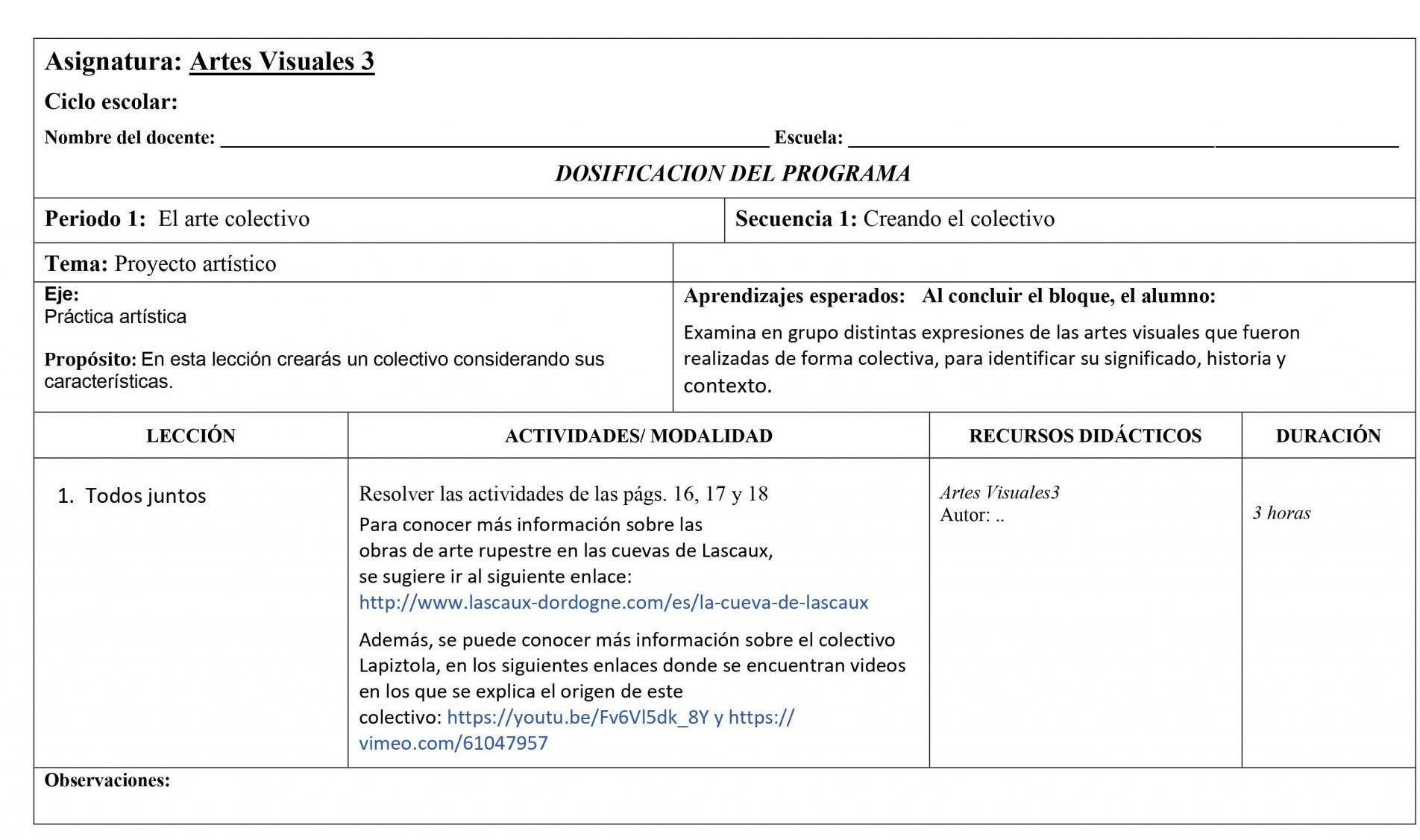 Dosificación Artes Visuales 3 Secundaria (Nuevo Modelo Educativo) 1er. Trimestre 01