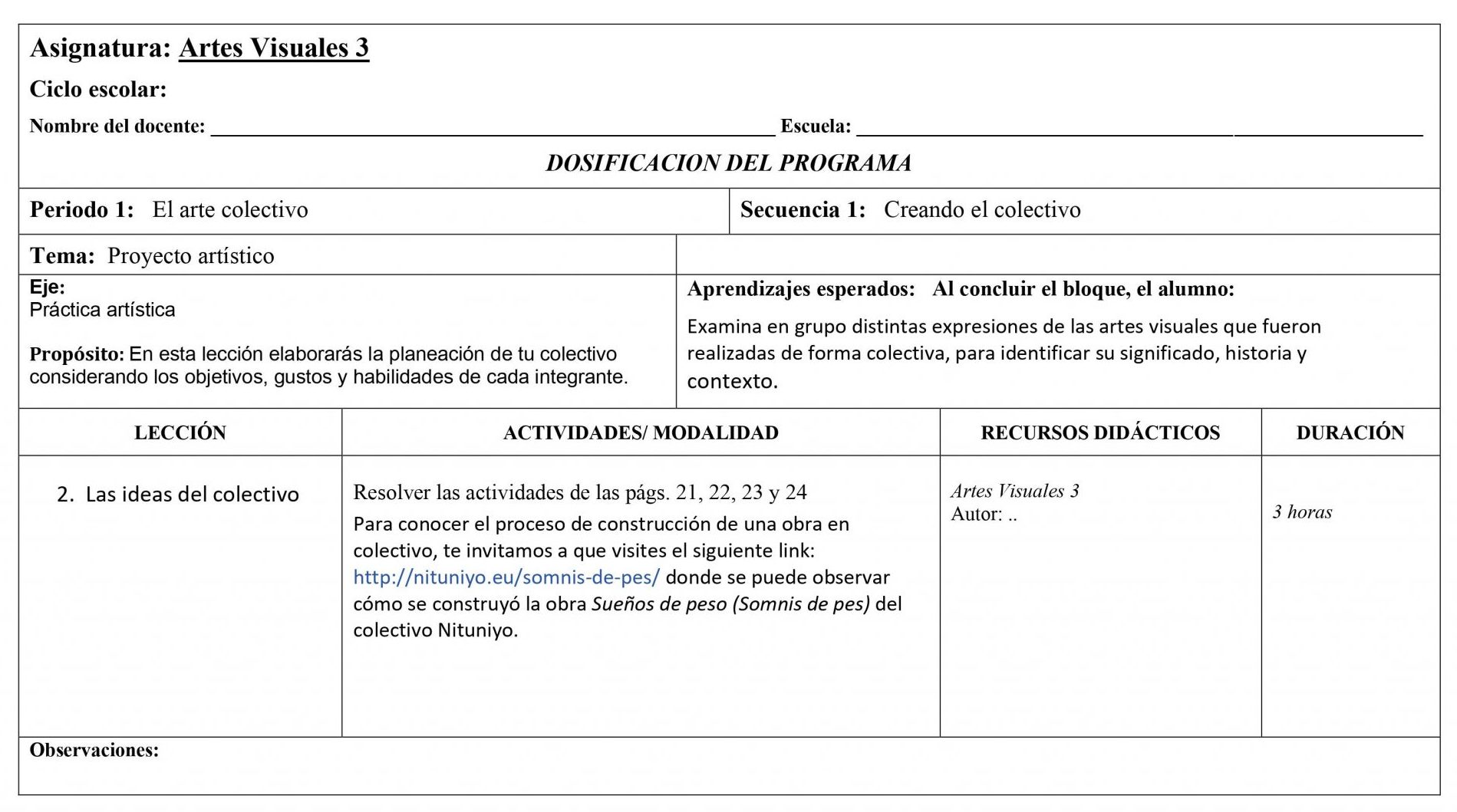 Dosificación Artes Visuales 3 Secundaria (Nuevo Modelo Educativo) 1er. Trimestre 02