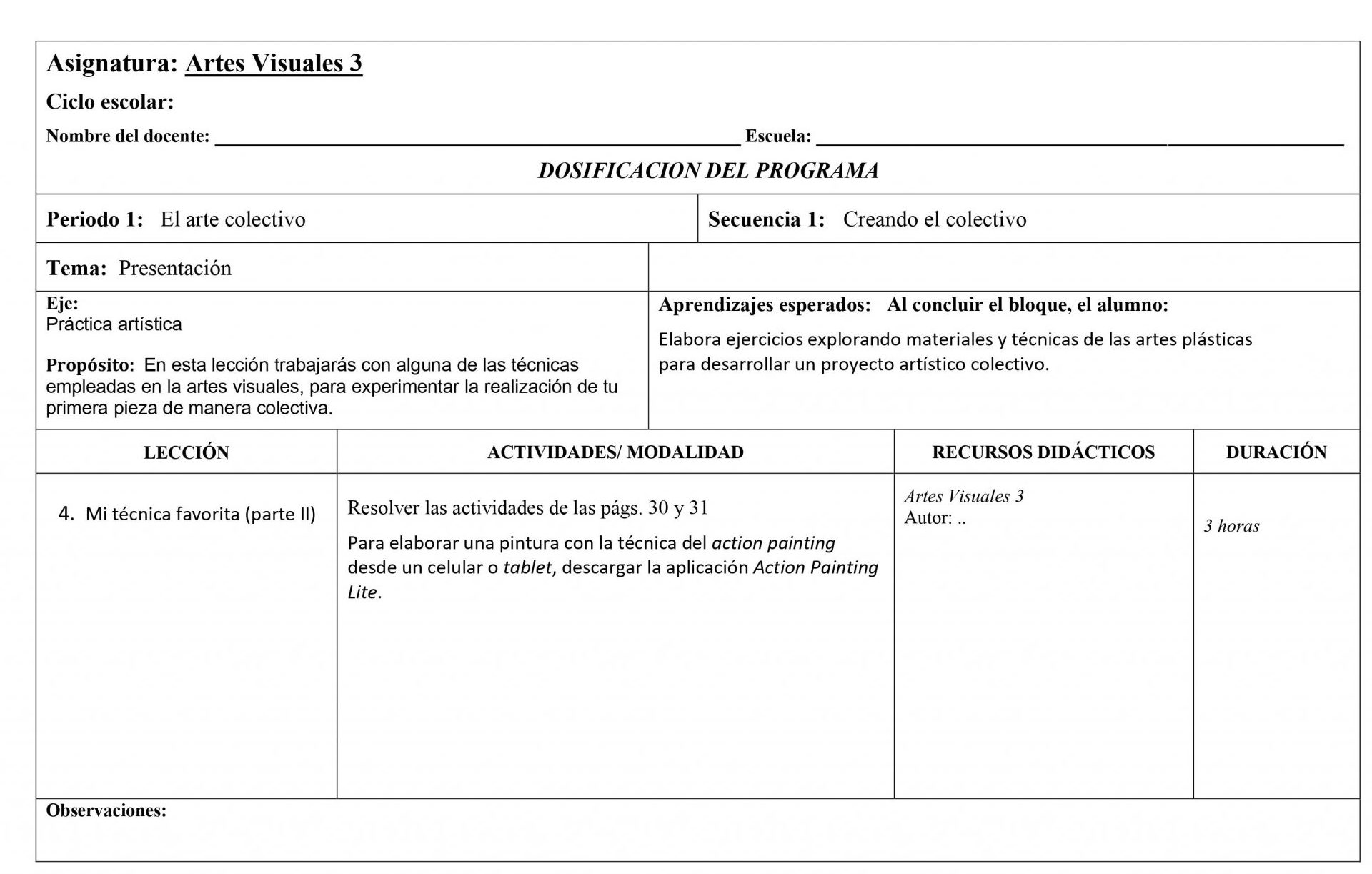 Dosificación Artes Visuales 3 Secundaria (Nuevo Modelo Educativo) 1er. Trimestre 04