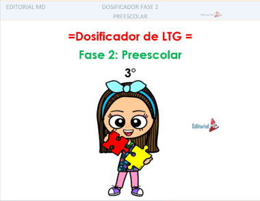 Ilustración de una niña sonriente con una diadema azul que sostiene piezas de puzzle rojas y amarillas. Texto arriba: "Dosificador de LTG", "Fase 2: Preescolar", "3°", y Programa Analítico Preescolar Ciclo 2025-2026 NEM.