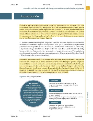 Página de un cuaderno de ejercicios titulado "Introducción", que incluye un texto que aborda el rol del profesorado en los procesos de conocimiento y las reformas educativas. Esta página forma parte de una publicación de Editorial MD, centrada en la formación continua del profesorado.