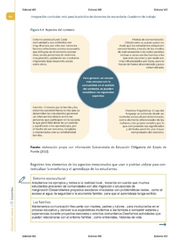 Un diagrama educativo en español de "Cuadernillo CONTESTADO Integración curricular: reto para la práctica de docentes de secundaria" muestra factores como la integración curricular, aspectos socioculturales y lingüísticos alrededor de un círculo azul central.