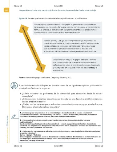 Un documento de texto en español que describe las barreras que definen las situaciones de resolución de problemas. Incluye un diagrama de flujo y un texto que aborda las brechas de conocimiento, los problemas políticos, la falta de recursos y las limitaciones en las relaciones en contextos educativos.