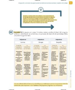 Hoja de trabajo educativa con una tabla comparativa de las siguientes asignaturas: Química, Biología y Física. Cada asignatura incluye actividades y procesos de evaluación. El contenido se centra en el análisis y la integración de diversas estrategias de aprendizaje.