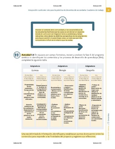 Hoja de trabajo educativa con una tabla comparativa de las siguientes asignaturas: Química, Biología y Física. Cada asignatura incluye actividades y procesos de evaluación. El contenido se centra en el análisis y la integración de diversas estrategias de aprendizaje.