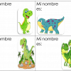 Cuatro Gafetes Editables de Dinosaurios, cada uno con la frase "mi nombre es:" seguida de ilustraciones de coloridos dinosaurios de dibujos animados, cada uno en una pose y un diseño distintos y divertidos, sobre un fondo verde.