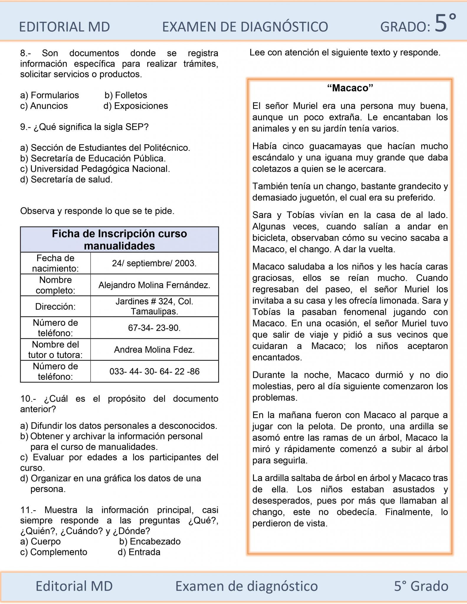 EJEMPLO DE EVALUACIóN DIAGNóSTICA 5° GRADO DE PRIMARIA 03