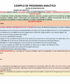 Un ejemplo de programa analítico en español que detalla contenidos educativos para un grado de escuela primaria. Incluye objetivos generales, métodos para analizar el contexto socioeducativo de la escuela y estrategias a implementar en la segunda y tercera fase del Programa Analítico SEXTO de PRIMARIA 2023 (EJEMPLO).