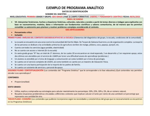 Un ejemplo de programa analítico en español que detalla contenidos educativos para un grado de escuela primaria. Incluye objetivos generales, métodos para analizar el contexto socioeducativo de la escuela y estrategias a implementar en la segunda y tercera fase del Programa Analítico SEXTO de PRIMARIA 2023 (EJEMPLO).