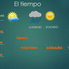 EL TIEMPO INTERACTIVO muestra símbolos meteorológicos y días de la semana en español, con íconos etiquetados para clima nublado, lluvioso, soleado y tormentoso, y días identificados de lunes a domingo usando el término "Días de la Semana".