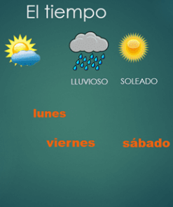 EL TIEMPO INTERACTIVO muestra símbolos meteorológicos y días de la semana en español, con íconos etiquetados para clima nublado, lluvioso, soleado y tormentoso, y días identificados de lunes a domingo usando el término "Días de la Semana".