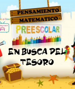 Ilustración colorida que promueve el pensamiento matemático preescolar titulada "En busca del tesoro". Presenta dibujos animados de niños piratas, un cofre del tesoro y un loro, sobre un fondo de playa con una cerca de lápiz.
