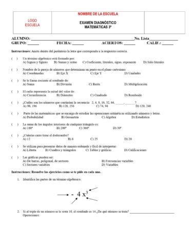 EXAMEN DIAGNOSTICO MATEMATICAS TERCER GRADO SECUNDARIA - Image 2