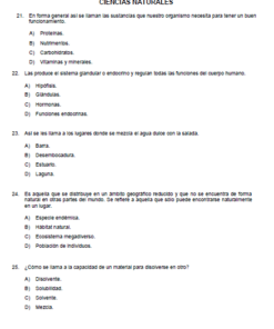 Una captura de pantalla del Examen Para Selección de Escuela en español, cubriendo temas sobre sustancias naturales y artificiales, vitaminas y minerales, con opciones listadas bajo cada pregunta.