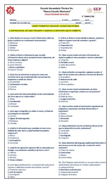 Cuestionario de opción múltiple en español de una escuela secundaria mexicana, titulado "Asignatura Español". Contiene 16 preguntas numeradas con cuatro opciones de respuesta cada una, espacios para información del estudiante y logotipos oficiales.