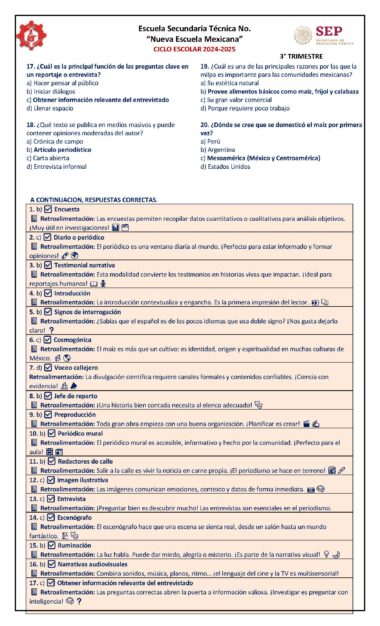 Ficha de trabajo en español para estudiantes de secundaria con preguntas de opción múltiple y respuestas cortas sobre entrevistas, reportajes y documentales, con instrucciones y espacios para respuestas. Incluye los logotipos de la escuela y de la SEP.