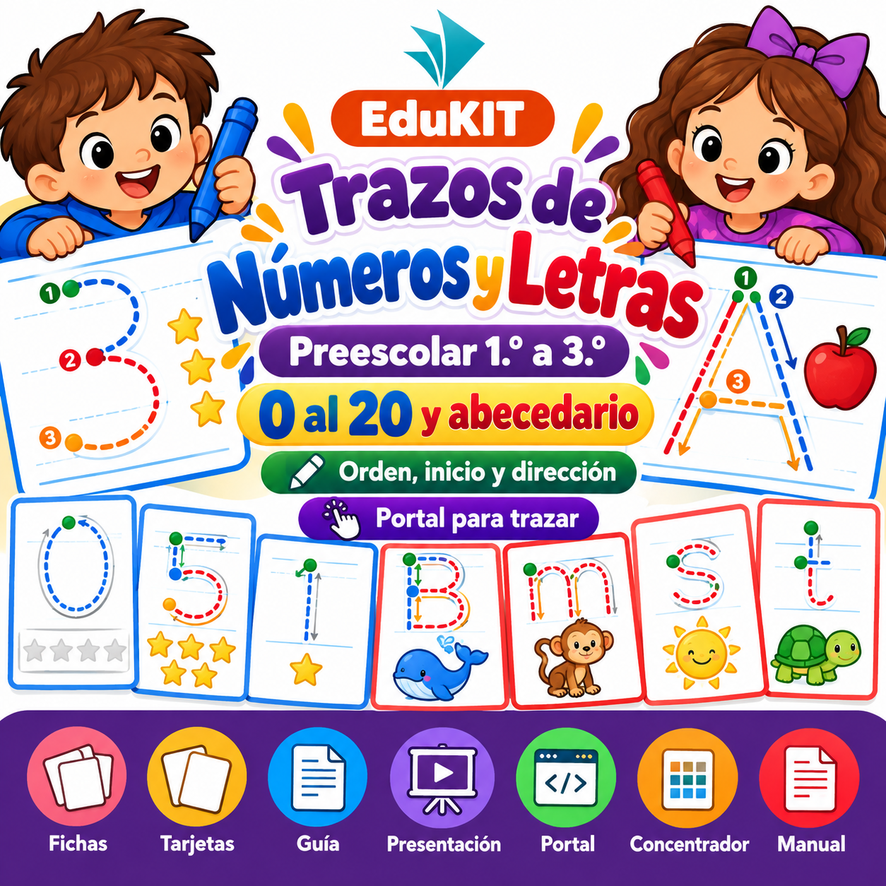 EduKIT Trazos de Números y Letras para Preescolar | 54 Fichas, 48 Tarjetas y Portal Interactivo para Trazar 1 EduKIT Trazos de Números y Letras para Preescolar | 54 Fichas, 48 Tarjetas y Portal Interactivo para Trazar