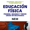 Portada de una guía curricular de educación física para secundaria, en la que aparecen pelotas de baloncesto, de fútbol, de tenis y zapatillas deportivas azules sobre el suelo de un gimnasio, con texto en negrita que destaca el programa para NEM.