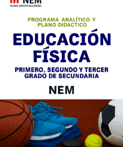 Portada de una guía curricular de educación física para secundaria, en la que aparecen pelotas de baloncesto, de fútbol, de tenis y zapatillas deportivas azules sobre el suelo de un gimnasio, con texto en negrita que destaca el programa para NEM.