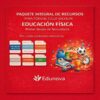 Gráfico promocional en rojo para el paquete de recursos de educación física de Edunova para primer curso de secundaria. Los iconos muestran documentos, libros, equipamiento deportivo y trofeos, destacando materiales incluidos como exámenes, proyectos y planes.