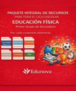 Gráfico promocional en rojo para el paquete de recursos de educación física de Edunova para primer curso de secundaria. Los iconos muestran documentos, libros, equipamiento deportivo y trofeos, destacando materiales incluidos como exámenes, proyectos y planes.