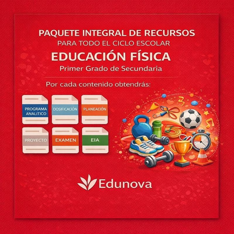 Educación Física 1: Programa Analítico, Planeaciones y Recursos Didácticos 1 Gráfico promocional en rojo para el paquete de recursos de educación física de Edunova para primer curso de secundaria. Los iconos muestran documentos, libros, equipamiento deportivo y trofeos, destacando materiales incluidos como exámenes, proyectos y planes.