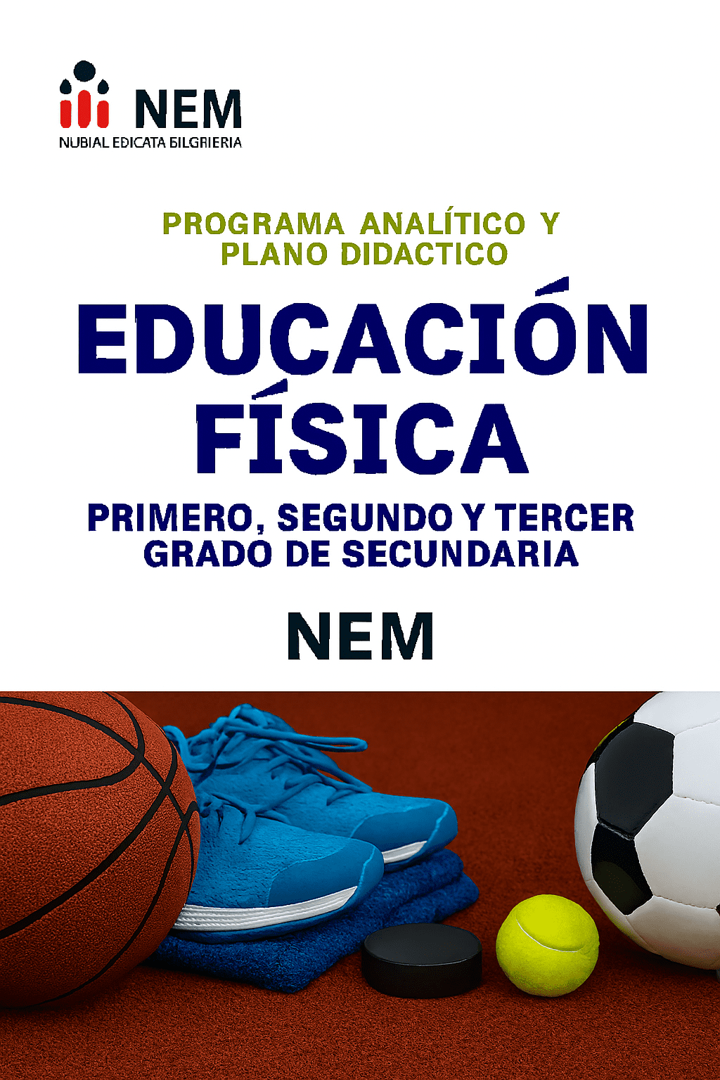 Educación Física - Programa Analítico y Plano Didáctico - Primero, Segundo y Tercer Grado de Secundaria 1 Portada de una guía curricular de educación física para secundaria, en la que aparecen pelotas de baloncesto, de fútbol, de tenis y zapatillas deportivas azules sobre el suelo de un gimnasio, con texto en negrita que destaca el programa para NEM.