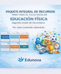 Imagen promocional del paquete de recursos de educación física de Edunova para segundo de secundaria. Incluye iconos de planificación, exámenes, proyectos y material deportivo como balones, conos, cuerda para saltar y silbato.