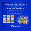 Imagen promocional en azul del paquete de recursos de educación física para segundo grado de Edunova. Los iconos representan análisis, dosificación, planificación, proyecto, examen y evaluación, con ilustraciones de equipamiento deportivo a la derecha.