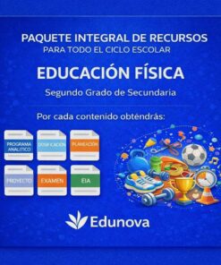 Imagen promocional en azul del paquete de recursos de educación física para segundo grado de Edunova. Los iconos representan análisis, dosificación, planificación, proyecto, examen y evaluación, con ilustraciones de equipamiento deportivo a la derecha.