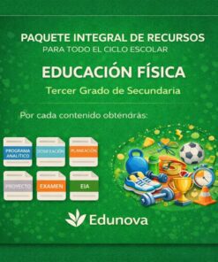 Cartel verde para un paquete de recursos de educación física para tercero de secundaria, que muestra diversos equipos deportivos y carpetas etiquetadas: Programa Analítico, Dosificación, Planificación, Proyecto, Examen y EIA. Logotipo de Edunova en la parte inferior.