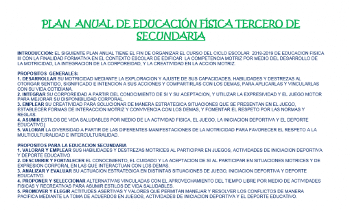 Documento de texto titulado "plan anual de educación física terrestre de secundaria". El documento contiene secciones de introducción, objetivos, estrategias y actividades relacionadas con el plan de estudios de educación física para una escuela secundaria.