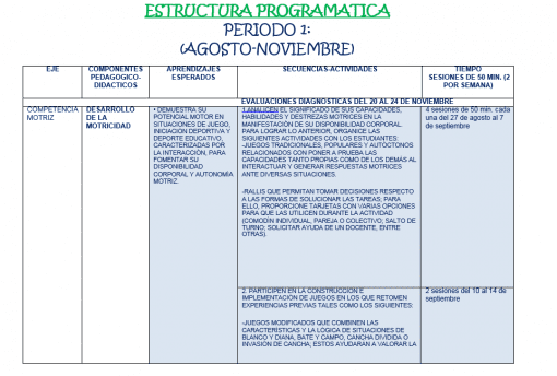 Imagen de un esquema de programa educativo estructurado titulado "periodo 1: agosto-noviembre". contiene tablas con columnas denominadas "eje", "competencia/ desarrollo", "demostrado por", "evaluaciones diagnósticas/actividades" y "tiempo". cada sección detalla actividades, objetivos y cronogramas.