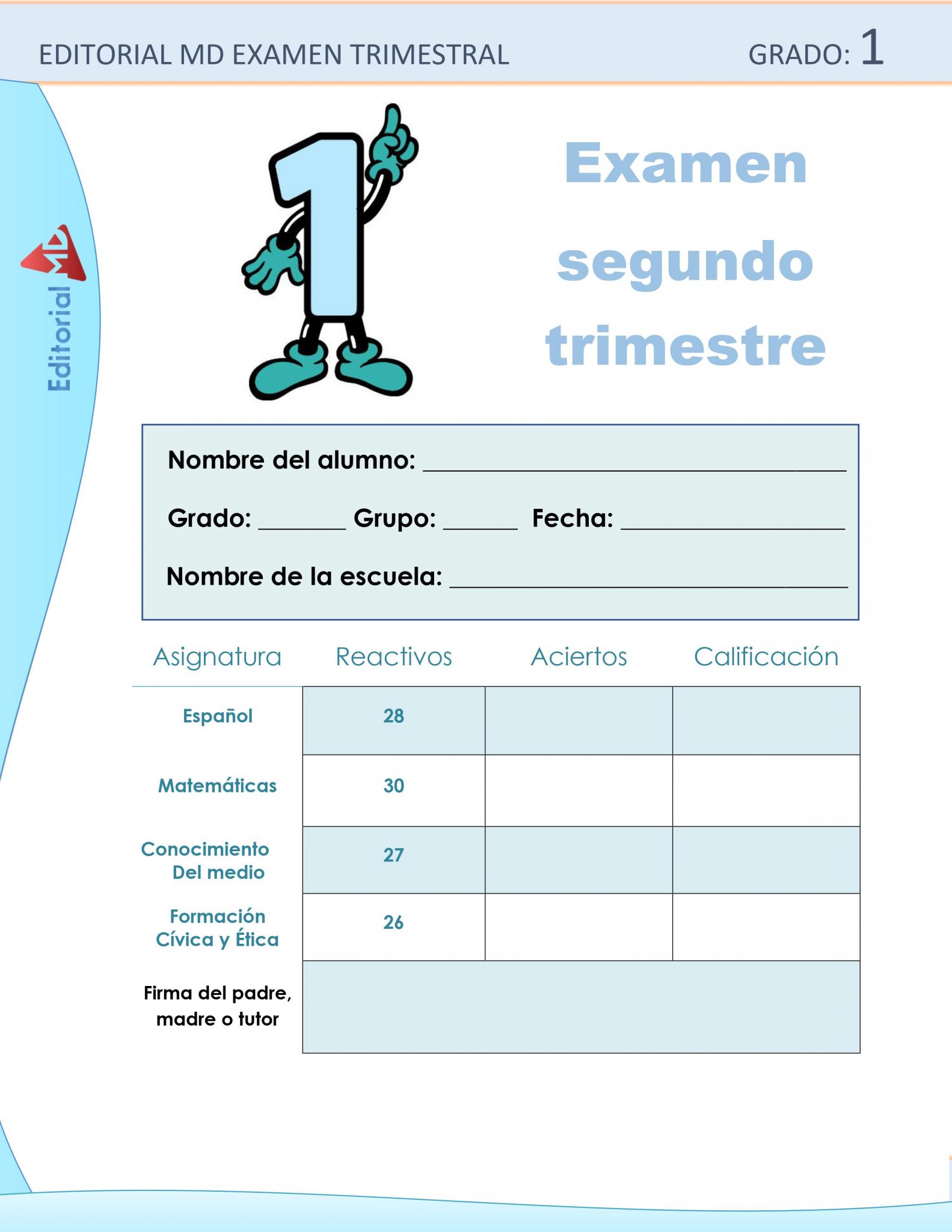 Ejemplo de los Exámenes que incluye el primer grado de Primaria 01