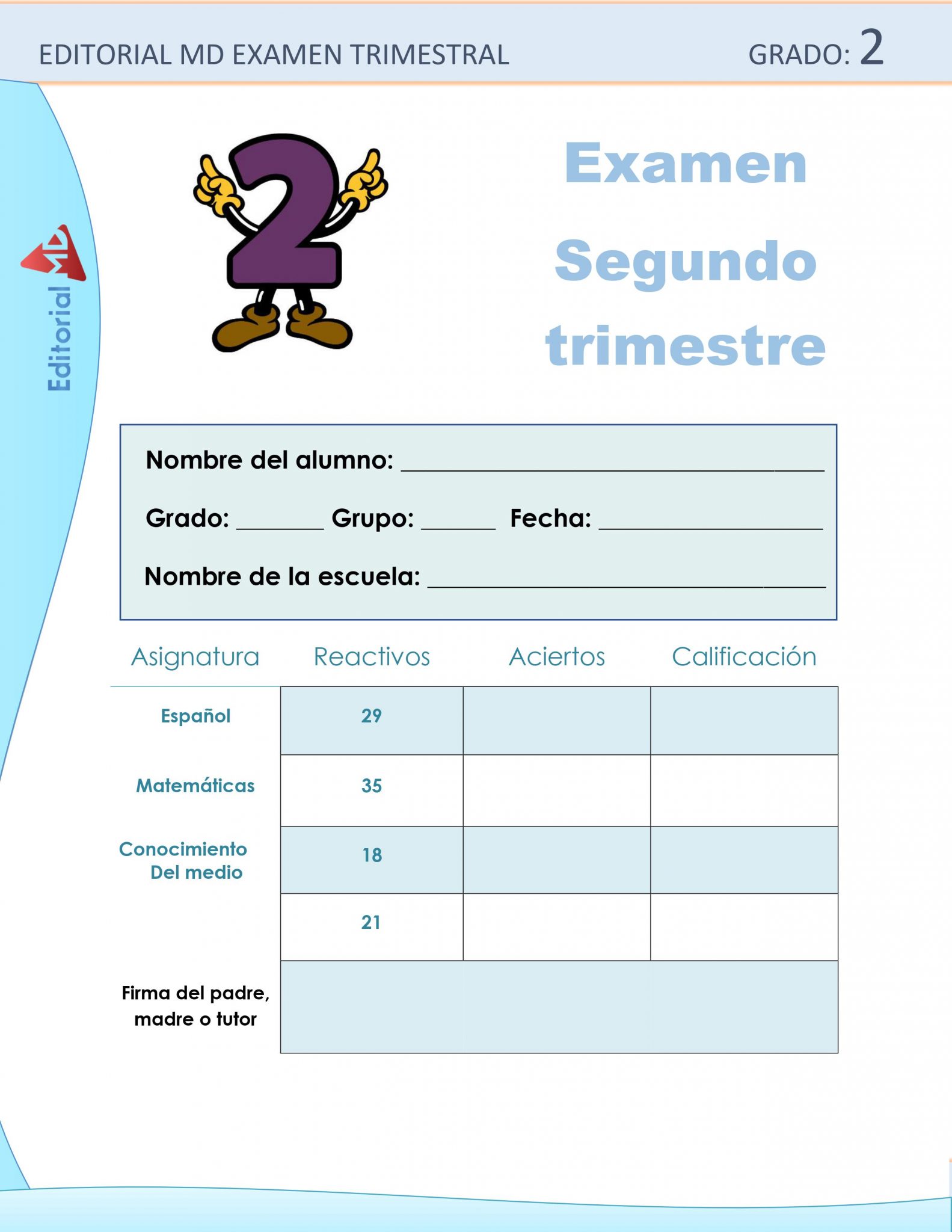 Ejemplo de los Exámenes que incluye el segundo grado de Primaria 01