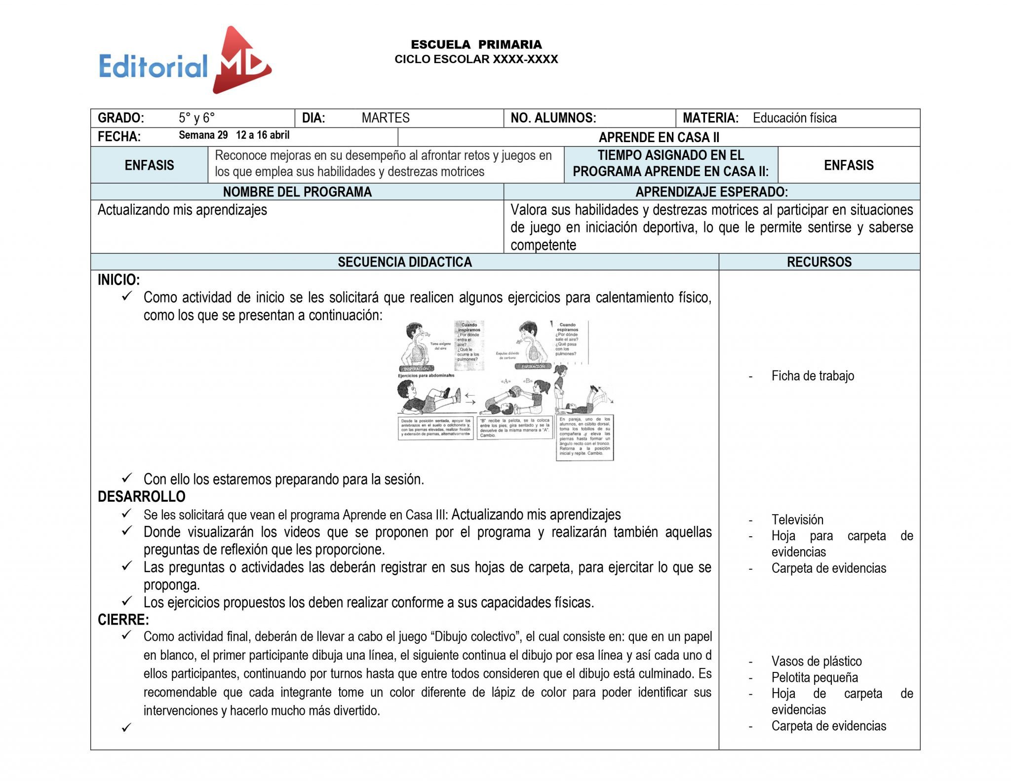 Ejemplo planeación semana 29 del 12 al 16 de Abril del 2021 