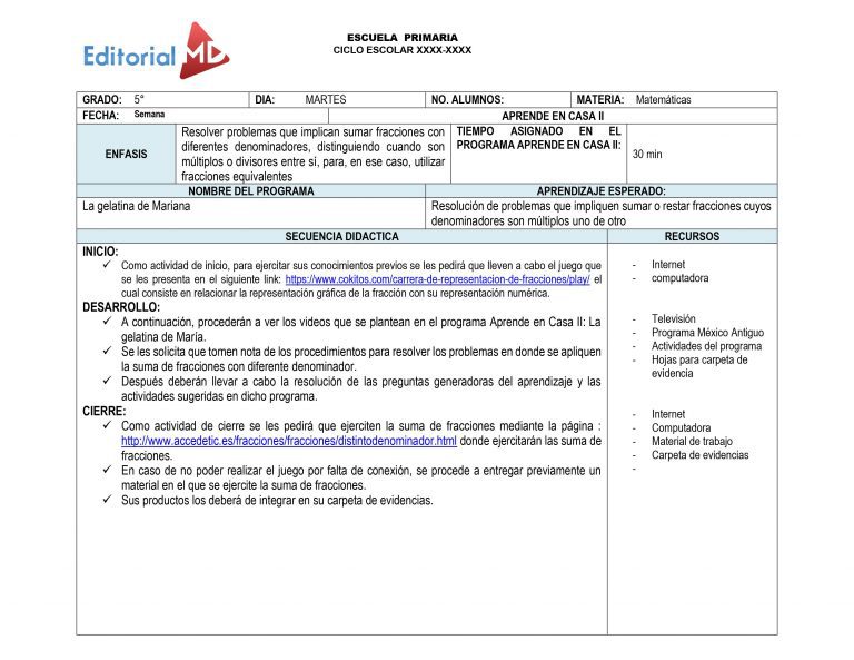 Planeación Anual para 5 to grado de primaria Clases