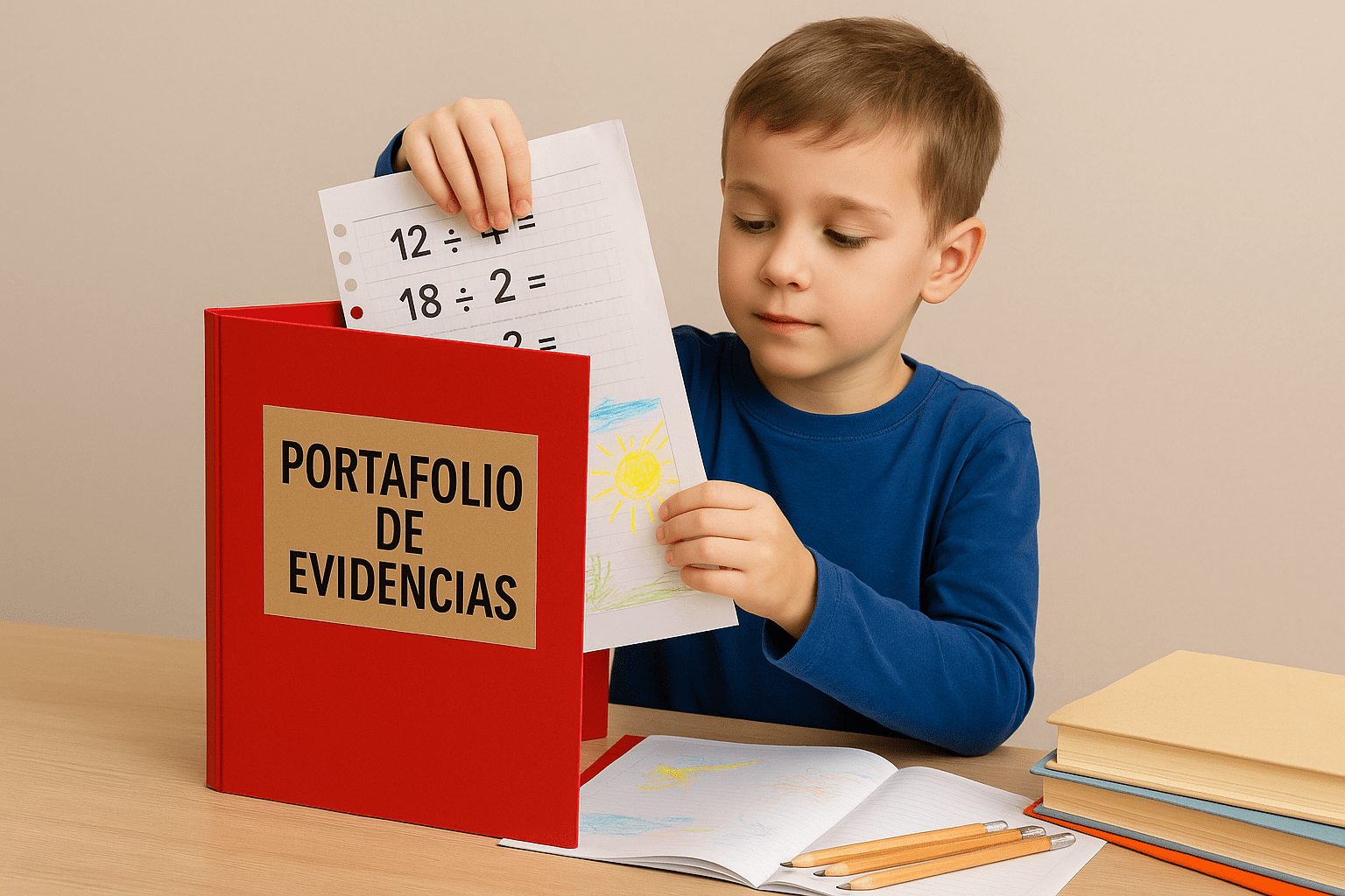 Portafolio de Evidencias: Qué es, para qué sirve y cómo aplicarlo en el aula 2 Un niño con camisa azul coloca una hoja de ejercicios en su portafolios. Está sentado en un escritorio con un cuaderno abierto, lápices de colores y libros apilados cerca.