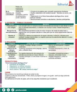 Una infografía en español de Editorial MD esboza proyectos escolares de colaboración sobre alimentación sana, que incluyen acciones colectivas, actividades narrativas y participación de los padres para el bienestar de los alumnos.