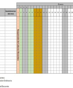 Hoja de asistencia del mes de enero con columnas para los nombres de los alumnos, las ausencias mensuales y los días codificados por colores que indican los talleres para profesores, las vacaciones, las reuniones del consejo técnico y la asistencia regular.