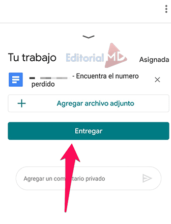botón para entregar la tarea en classroom