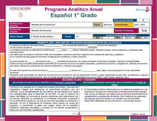 Espanol 1° 1er Periodo Programa Analitico Editorial MD page 0001