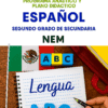 Portada de un plan de estudios de español para segundo de secundaria, con banderas mexicanas, bloques con "A B C", un cuaderno de espiral con la etiqueta "Lengua" y una mano sosteniendo un bolígrafo.