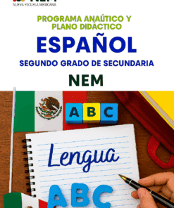 Portada de un plan de estudios de español para segundo de secundaria, con banderas mexicanas, bloques con "A B C", un cuaderno de espiral con la etiqueta "Lengua" y una mano sosteniendo un bolígrafo.