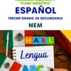 Colorida portada educativa para un libro de texto de español para tercero de secundaria. Presenta banderas mexicanas, bloques de letras que deletrean "HABL", un cuaderno con la palabra "Lengua" escrita, gafas y un bolígrafo.