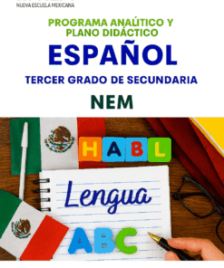 Colorida portada educativa para un libro de texto de español para tercero de secundaria. Presenta banderas mexicanas, bloques de letras que deletrean "HABL", un cuaderno con la palabra "Lengua" escrita, gafas y un bolígrafo.