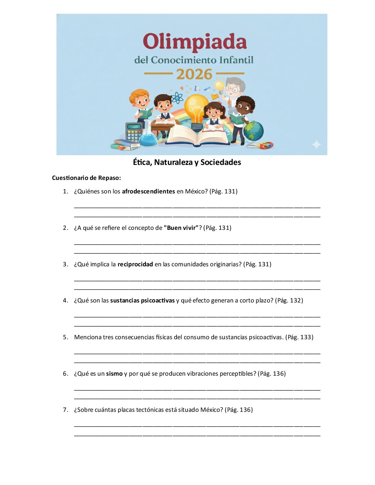 Cuestionario de 50 preguntas: Ética, Naturaleza y Sociedades (OCI 2026) 2 Hoja de trabajo titulada "Olimpiada del Conocimiento Infantil 2026" con ilustraciones de niños leyendo y estudiando. Debajo, hay preguntas de repaso sobre ética, naturaleza y sociedad, con espacios para respuestas escritas.
