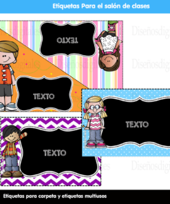 Cuatro etiquetas para carpetas coloridas, cada una mostrando un niño de dibujos animados y espacio para texto, con patrones vibrantes y fondos. Cada etiqueta tiene elementos.