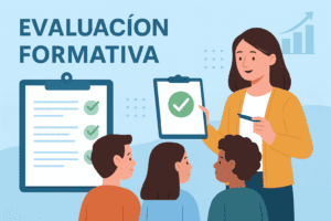 Una maestra muestra un portapapeles con una marca verde a tres niños. Al fondo, una lista de control y un gráfico ascendente reflejan la Evaluación Formativa y Práctica Docente en la Nueva Escuela Mexicana. El texto dice "Evaluación formativa" en español.